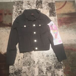 Black Denim Jacket with Colorful Sleeve Patch